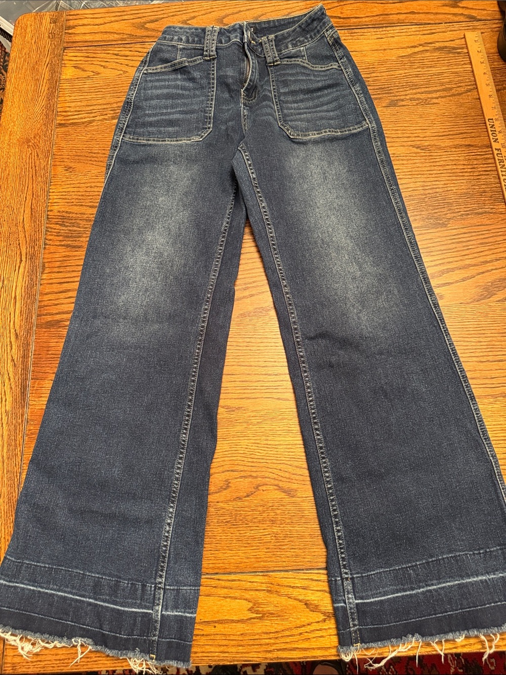 High Rise Wide Leg Flare Jeans Raw Hem Patch Pocket Dark Wash 26x30 Flamingals